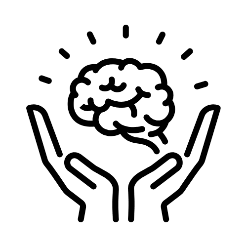 Outline icon of two open hands gently cradling a brain with radiating lines, symbolizing protective, supportive memory-care services.
